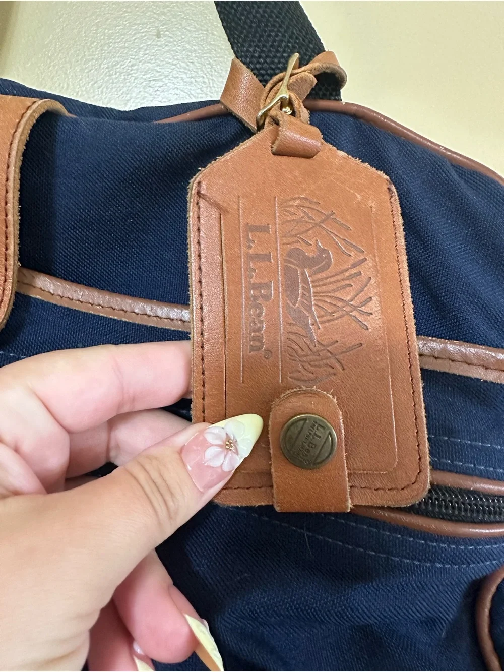 L.L. Bean VTG Large Deluxe Duffle Bag Canvas Leather Navy Blue